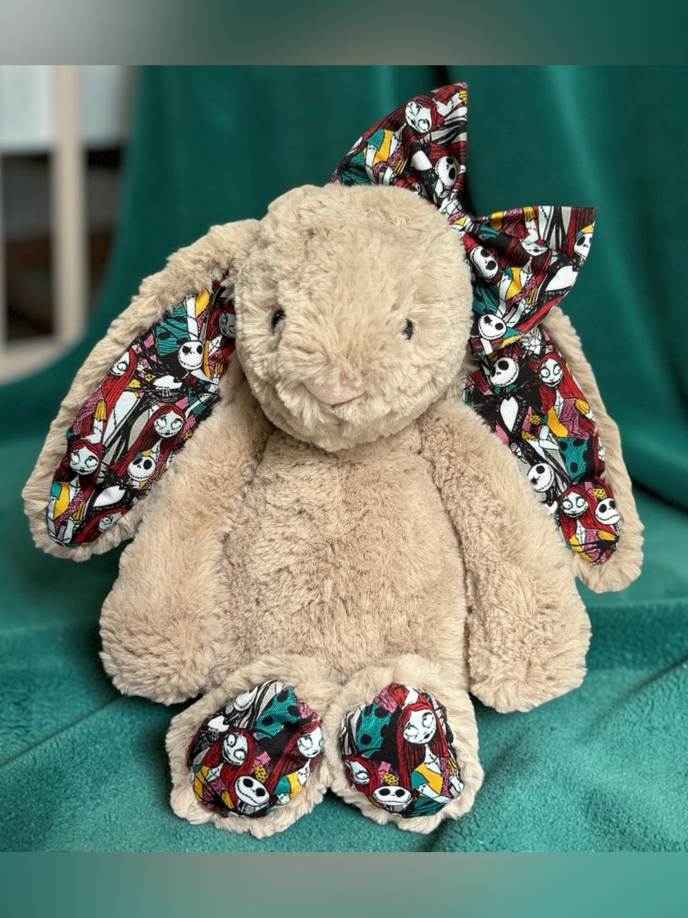 Jellycat beige bunny customized with nightmare before Christmas fabric